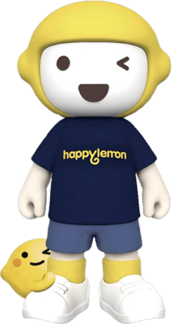 A cartoon mascot with a round white face, yellow lemon-shaped helmet, and navy “happylemon” shirt stands winking, with blue shorts, yellow socks, white shoes, and a small smiling lemon plush by its right shoe.