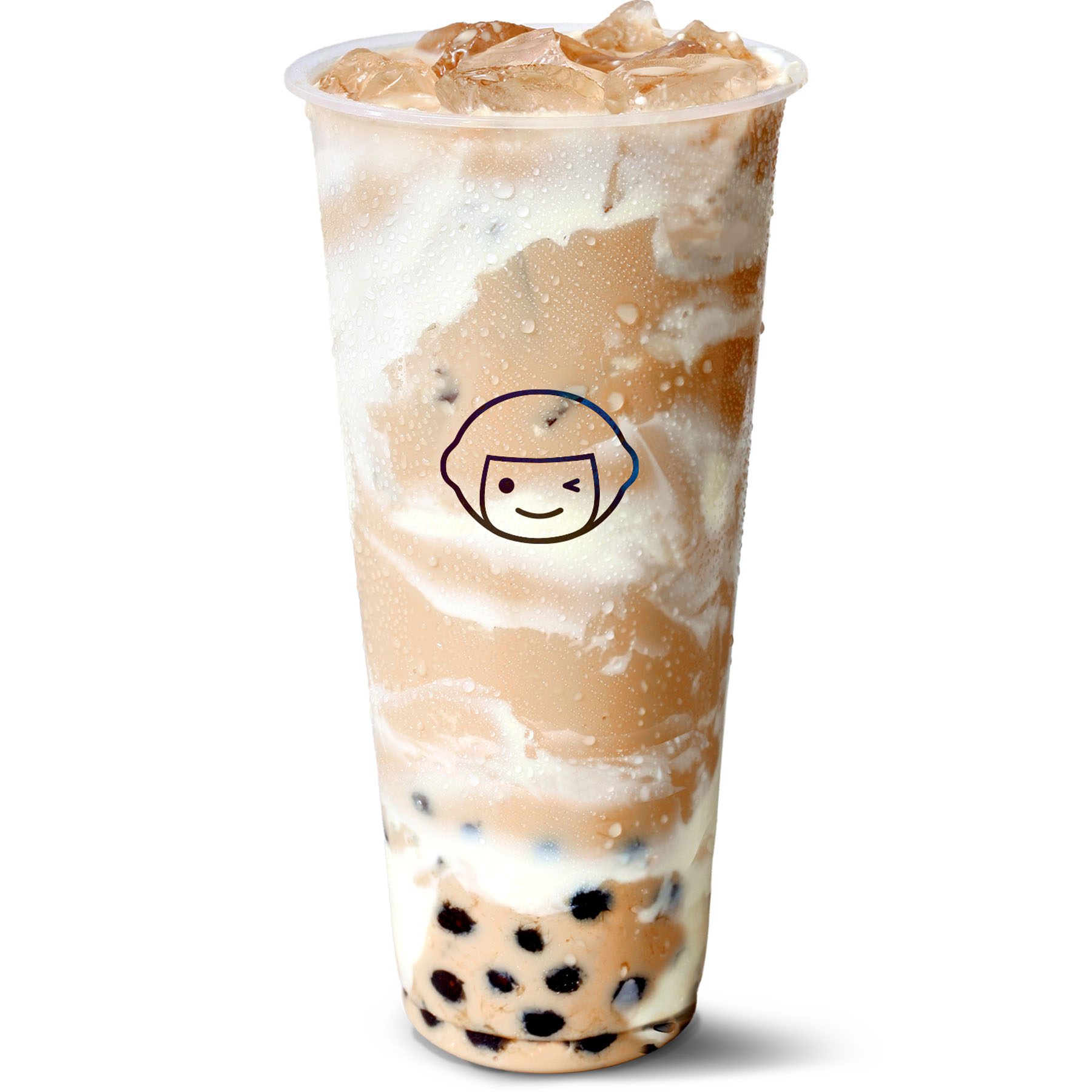 A clear plastic cup filled with iced milk tea, visible brown sugar syrup streaks, black tapioca pearls at the bottom, and a plastic lid. The cup has a simple smiling face logo printed on it.