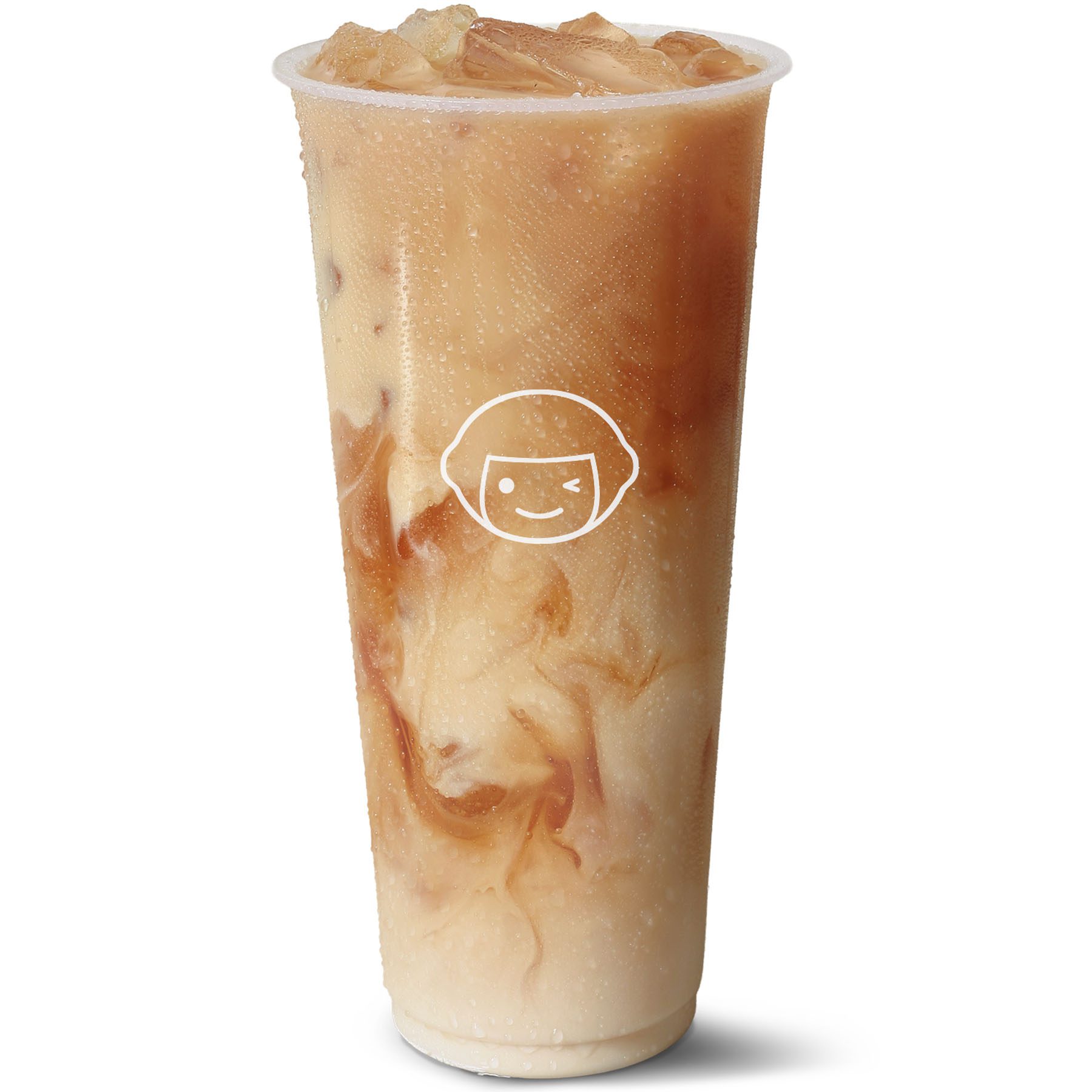 A clear plastic cup filled with iced milk tea, showing swirls of tea and milk, with a white cartoon face logo on the front. The cup is covered in condensation.