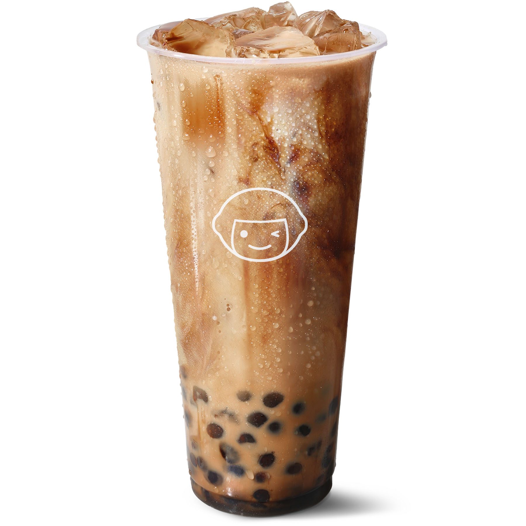 A clear plastic cup filled with iced brown sugar milk tea and black tapioca pearls, with condensation on the outside and a simple smiling face logo on the front.
