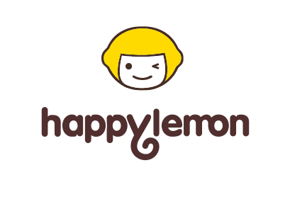 A logo featuring a cartoon face with short yellow hair and a winking expression above the text “happylemon” in rounded, brown letters. The design is set against a white background with a scalloped border.