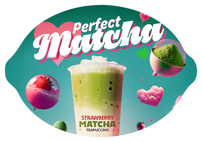 A cup of strawberry matcha teapuccino with ice is shown against a teal background, surrounded by floating strawberries, matcha powder, and heart shapes. The text reads "Perfect Matcha Strawberry Matcha Teapuccino.