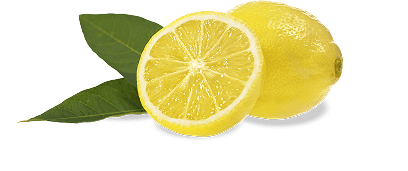 A whole yellow lemon and a sliced lemon half are displayed next to two green leaves on a white background.