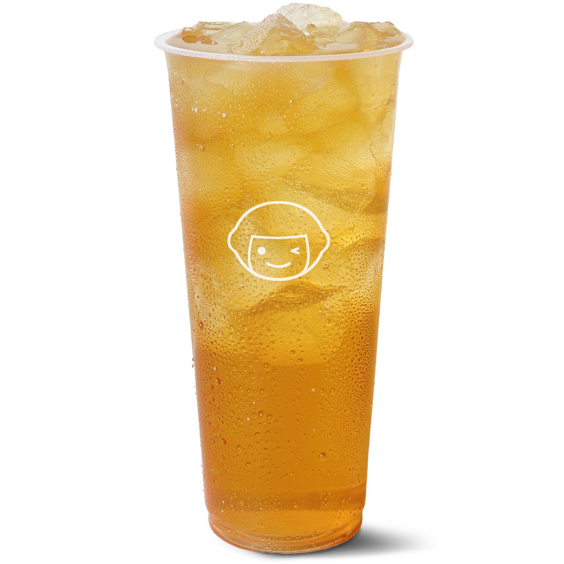 A tall clear plastic cup filled with iced tea and ice cubes, with condensation on the outside and a simple smiling face logo on the front.