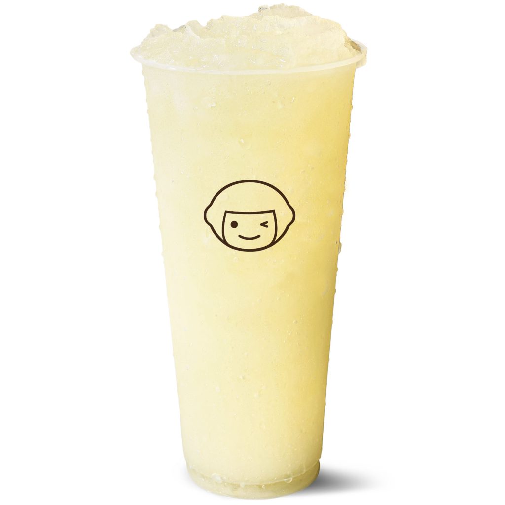 A clear plastic cup filled with a pale yellow, icy frozen drink. The cup has a simple cartoon face with short hair and a winking expression printed on it. The background is plain white.