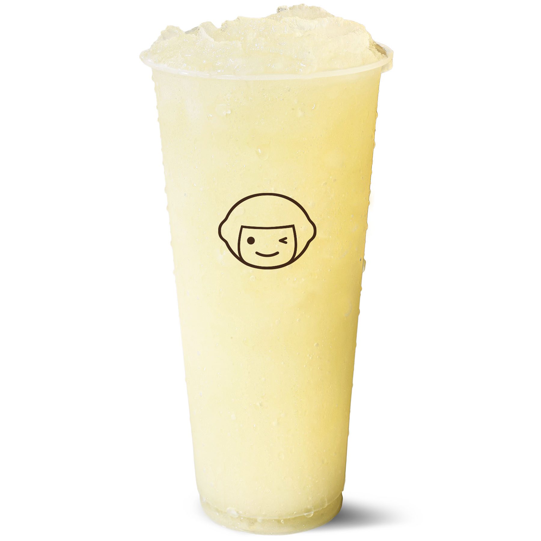 A clear plastic cup filled with a pale yellow, icy frozen drink. The cup has a simple cartoon face with short hair and a winking expression printed on it. The background is plain white.