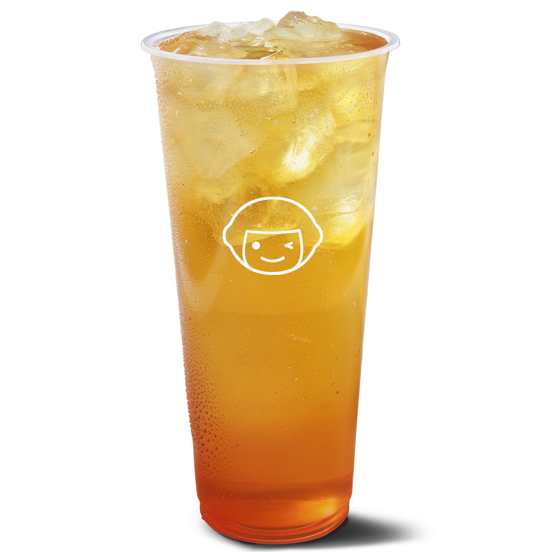 A clear plastic cup filled with iced tea and ice cubes, with condensation on the outside and a simple white cartoon face logo on the front.