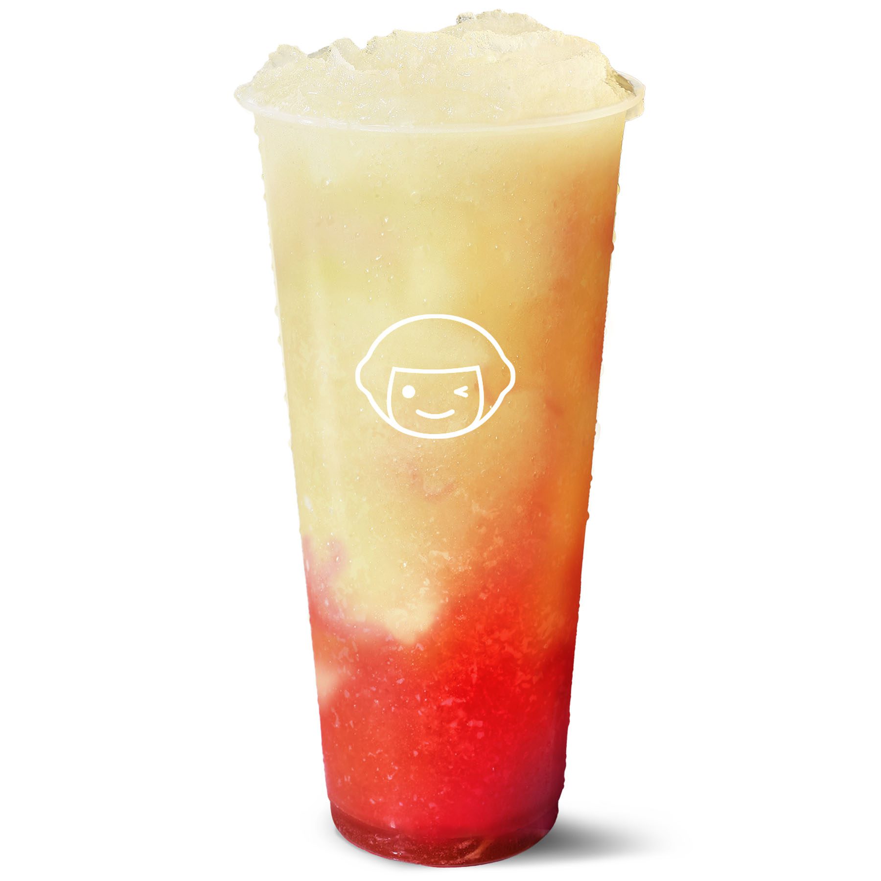 A clear plastic cup filled with a layered, icy drink featuring red at the bottom, yellow in the middle, and a white frosty top; the cup has a simple smiling face logo on the front.