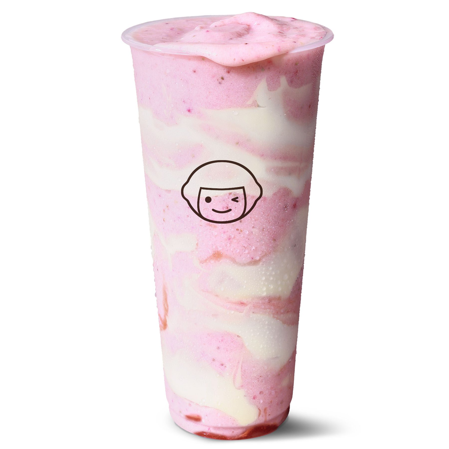 A clear plastic cup filled with swirled layers of pink and white creamy drink, with a lid. The cup features a simple illustration of a winking face.