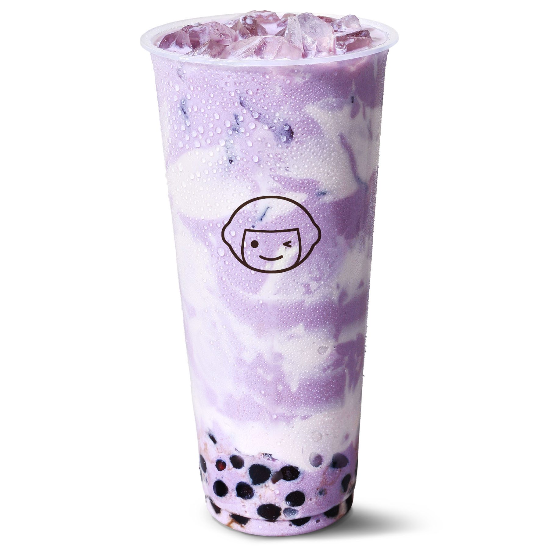 A clear plastic cup filled with a purple and white swirled iced drink, topped with ice and containing black tapioca pearls at the bottom. The cup features a simple cartoon face logo.