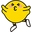 A round, yellow cartoon character with blushing cheeks and puckered lips is raising its arms and legs energetically. The character is wearing white shoes.
